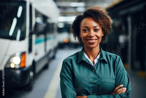 Smiling portrait of a middle aged female bus driver photo