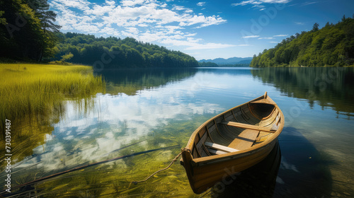 A serene landscape featuring a wooden rowboat moored on the clear waters of a peaceful lake surrounded by lush greenery.