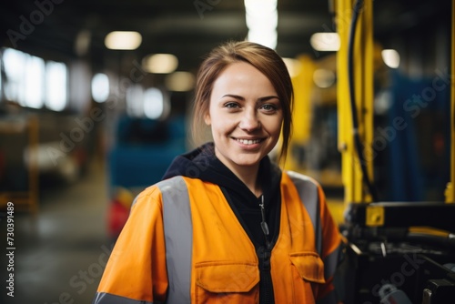 Portrait of a smiling young woman working in a factory