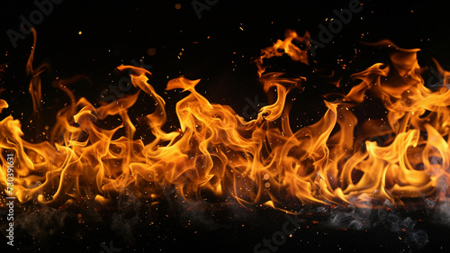 A large group of fire flames against a black background. © Iryna