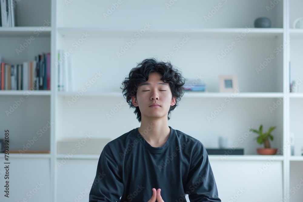 A serene man finds inner peace amidst the organized chaos of books and shelves, his glasses reflecting the knowledge and wisdom within A serene man finds inner peace amidst the organized chaos of books and shelves, his glasses reflecting the knowledge and wisdom within