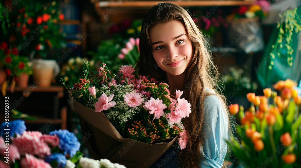 young florist girl collects a beautiful large bouquet in a flower shop young florist girl collects a beautiful large bouquet in a flower shop