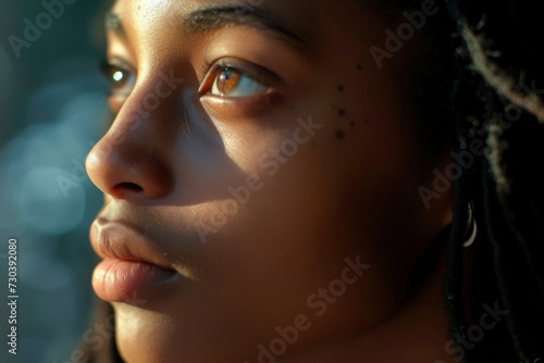 A captivating portrait of a woman's delicate features, from her defined eyebrow and long eyelashes to her smooth skin and pensive expression, captured in a stunning closeup by skilled portrait photog