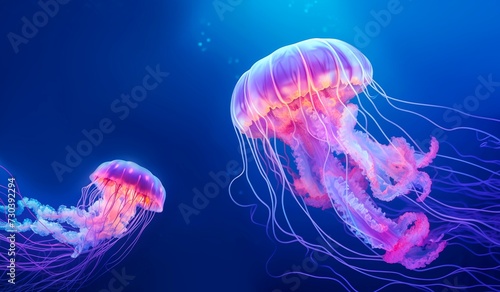 The beauty and tranquility of jellyfish swimming in the blue sea.