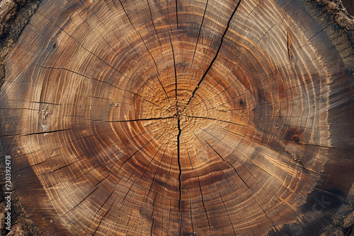A detailed view of the cross section of a tree trunk, showcasing its growth rings, texture, and natural patterns.