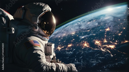 Astronaut on space mission waving to the camera with earth on the background. Elements of this image furnished by NASA.
