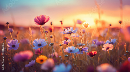 Wild flowers field with red and blue petals