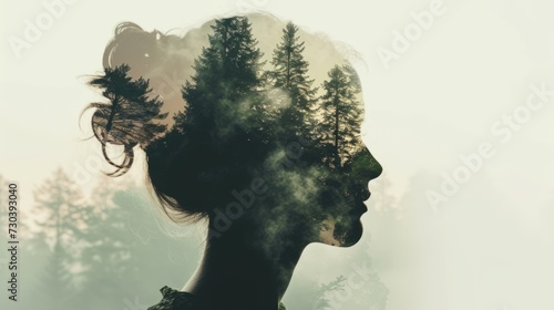 double exposure of a woman head with beautiful nature forest landscape