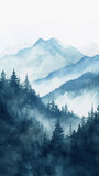 Vertical watercolor landscape of a navy blue mountain range with trees.