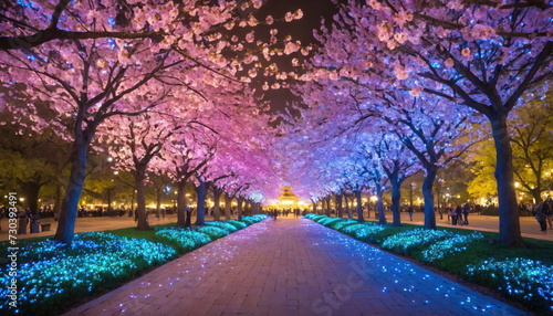 A serene park path is flanked by rows of cherry blossom trees  their pink flowers basked in the gentle light of early morning  creating a tranquil and picturesque scene.