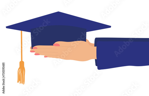 Female hand holding graduation cap. Vector illustration