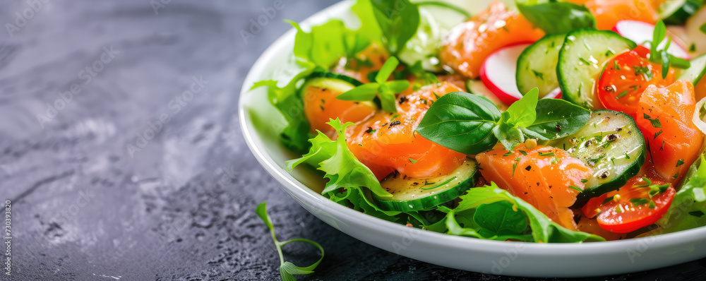 Closeup Salted salmon salad with fresh green lettuce and slices of cucumbers served in a plate. Protein healthy fish salad at a restaurant. Closeup Salted salmon salad with fresh green lettuce and slices of cucumbers served in a plate. Protein healthy fish salad at a restaurant.