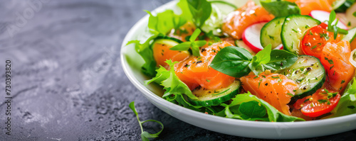 Closeup Salted salmon salad with fresh green lettuce and slices of cucumbers served in a plate. Protein healthy fish salad at a restaurant.