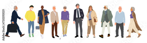 Set of different senior business people standing  walking  wearing smart casual  formal office outfit. Aged men  women cartoon characters vector realistic illustrations on transparent background.