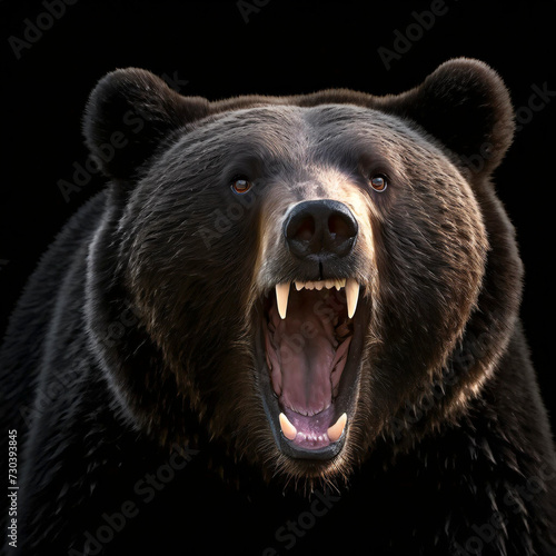 portrait of a brown bear with open mouth and teeth. Dangerous wild animal.