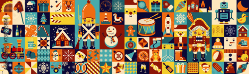 Abstract geometric Christmas background. A large collection of gingerbread, snowflakes, nutcracker, toys, gifts, holiday sweet candie. Happy New Year! Mosaic art.