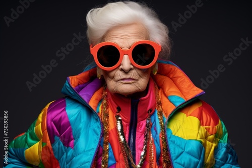 Portrait of an elderly woman in a bright jacket and sunglasses.