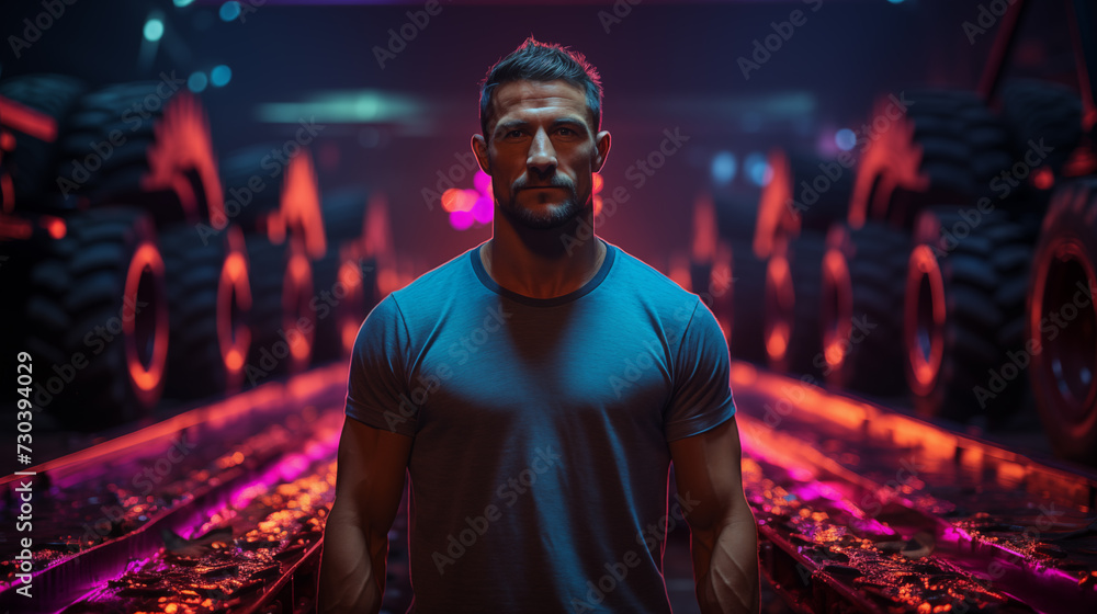 CrossFit Glow: Man Trainer Leaping in Neon Gym CrossFit Glow: Man Trainer Leaping in Neon Gym