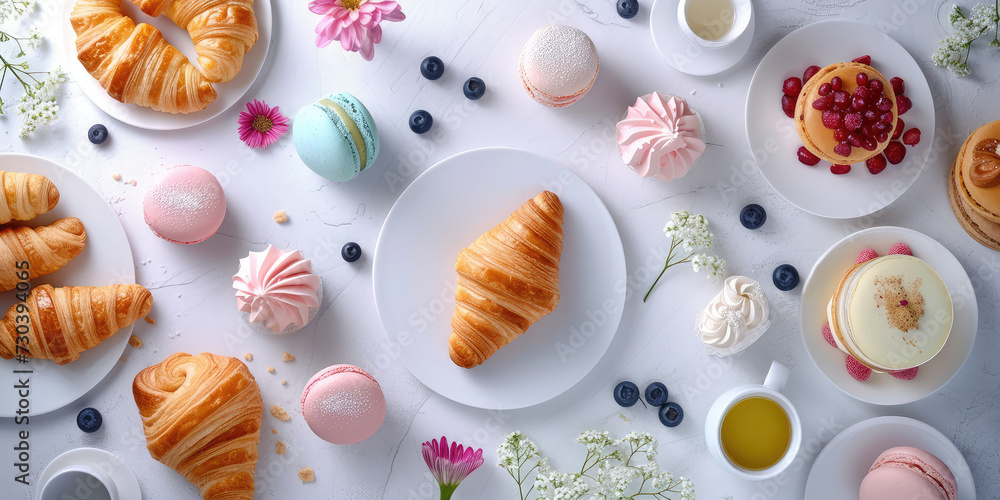 French Patisserie sweet Pattern. Croissants and macarons on simple background, wallpaper for baking goods or pastry shop, top view. French Patisserie sweet Pattern. Croissants and macarons on simple background, wallpaper for baking goods or pastry shop, top view.