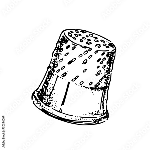 Thimble - a cap to protect your finger during embroidery, needlework, sewing. Needle stop. Working tool for a seamstress. Tailoring to order, atelier, sewing workshop. Vector outline illustration