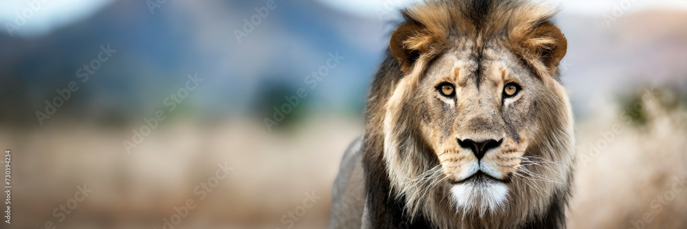 dangerous lion in the wild with open mouth ready to attack on dark background. Panoramic banner dangerous lion in the wild with open mouth ready to attack on dark background. Panoramic banner
