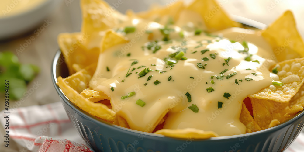 Succulent Nachos with Cheese Sauce. A bowl of crispy nachos with creamy yellow cheese sauce, copy space. Succulent Nachos with Cheese Sauce. A bowl of crispy nachos with creamy yellow cheese sauce, copy space.