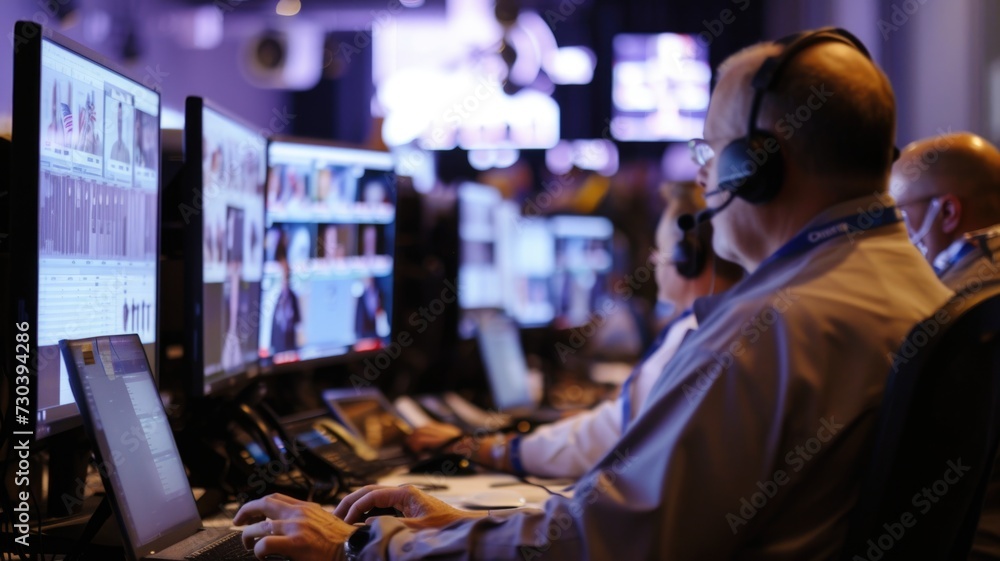 newsroom of analysts studying electoral data on live broadcasts on election night, newsroom of analysts studying electoral data on live broadcasts on election night,