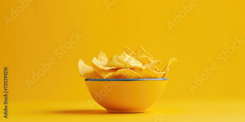 Succulent Nachos with Cheese Sauce. A bowl of crispy nachos with creamy yellow cheese sauce, copy space. photo