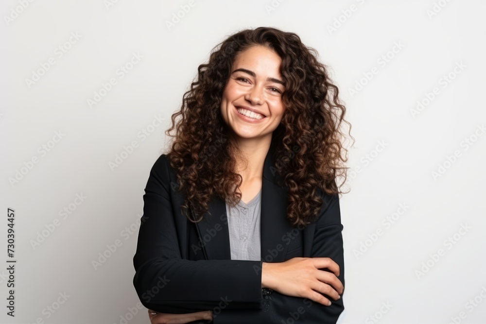 Portrait of a beautiful young woman with curly hair smiling at the camera Portrait of a beautiful young woman with curly hair smiling at the camera