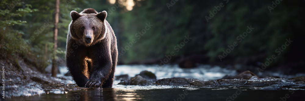 Fototapeta premium Grizzly bear on the river. Dangerous animal in natural habitat walking towards camera. Wildlife scene from nature. Panoramic banner with copy space