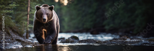 Grizzly bear on the river. Dangerous animal in natural habitat walking towards camera. Wildlife scene from nature. Panoramic banner with copy space