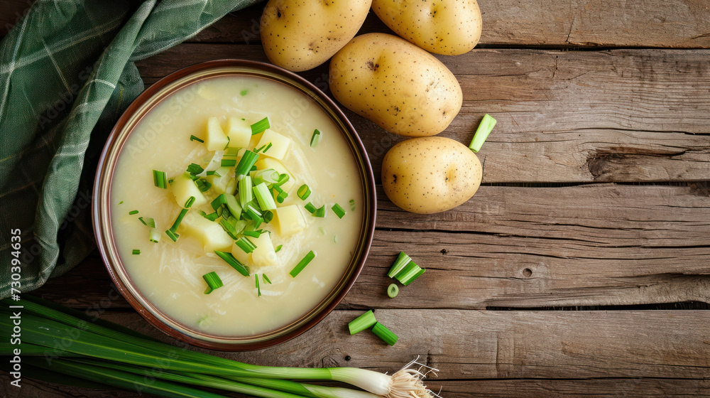 Homemade potato soup with onion on table Homemade potato soup with onion on table