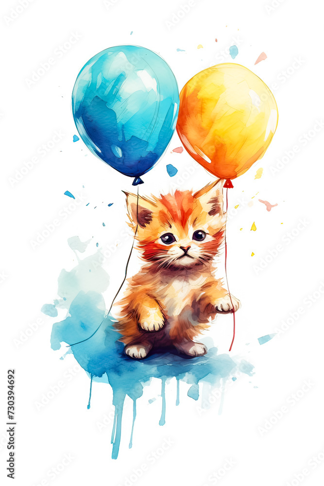 Fototapeta charming watercolor illustration of a playful kitten holding colorful balloons