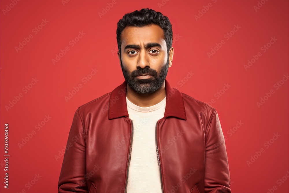 Portrait of a handsome bearded Indian man in a red jacket on a red background Portrait of a handsome bearded Indian man in a red jacket on a red background