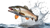 Rainbow trout jumping out of water with splashes on white background