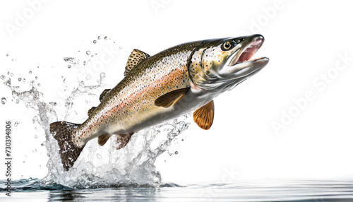 Rainbow trout jumping out of water with splashes on white background
