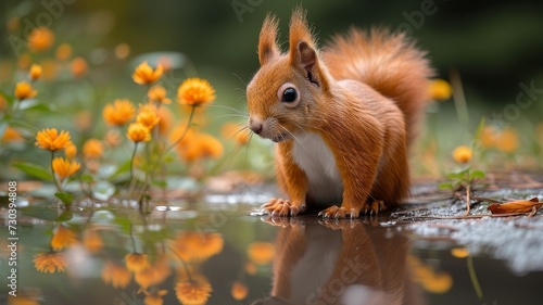 A squirrel is standing next to a puddle of water