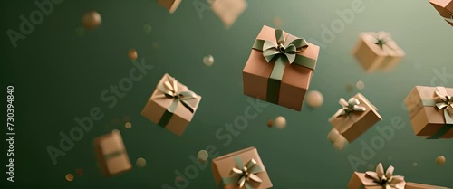 Multiple gift boxes floating against a dark green background. Square boxes, wrapped in brown paper and adorned with a neatly tied, metallic color bow. Copy space, celebration concept.
