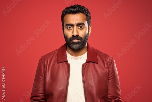 Portrait of a handsome bearded Indian man in a red jacket on a red background © Iigo