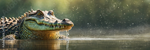 Large crocodile in water. Panoramic banner with copy space photo