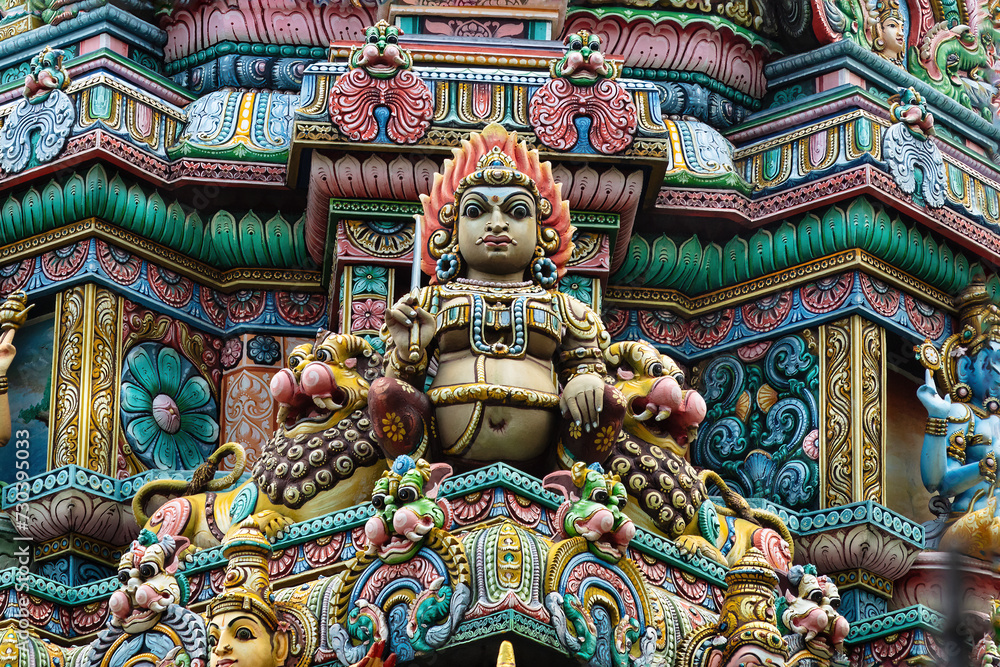 Colored decorations and statues on the exterior of the Hindu Temple Sri Maha Mariamman Temple (