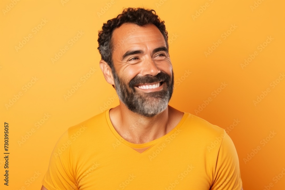 Portrait of happy mature man in yellow t-shirt on yellow background Portrait of happy mature man in yellow t-shirt on yellow background