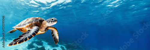 Hawaiian Green Sea Turtle swimming underwater. Panoramic banner with copy space
