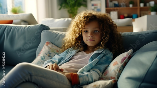 A beautiful girl of about seven years old with lush curly hair sat comfortably on a blue sofa with plump pillows in a cozy, bright living room. Family, free time for children and teenagers