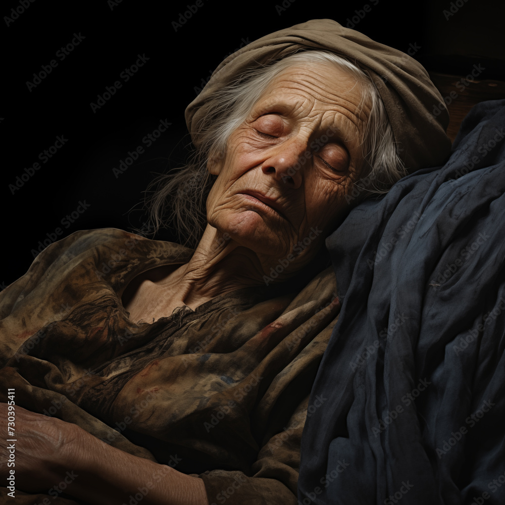 Close up portrait of an old woman with closed eyes lying in bed. Conception of stillness, illness, serenity, calmness, death. Close up portrait of an old woman with closed eyes lying in bed. Conception of stillness, illness, serenity, calmness, death.