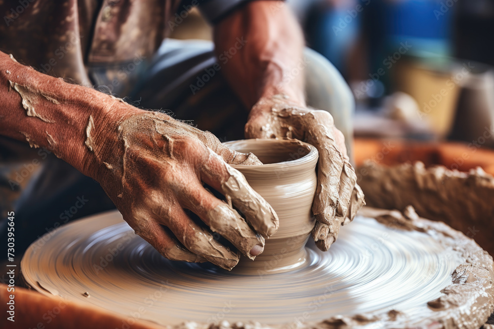 A potter shaping clay on a wheel, capturing the art of pottery and craftsmanship. Concept of handmade art and creativity. Generative Ai.