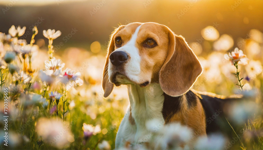Beagle dog in a blossoming flower meadow, close-up Beagle dog in a blossoming flower meadow, close-up