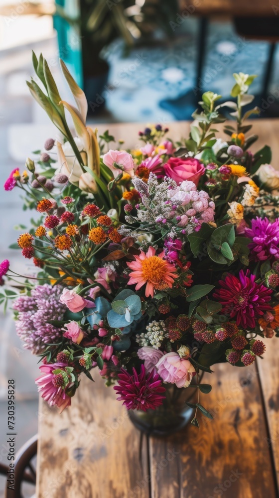 A vase filled with lots of colorful flowers on top of a wooden table