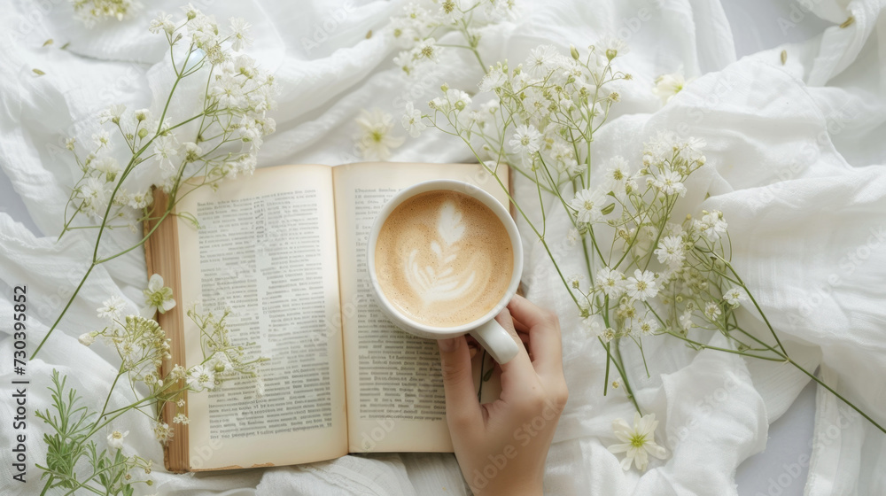 A person holding a cup of coffee over a book - obrazy, fototapety, plakaty 