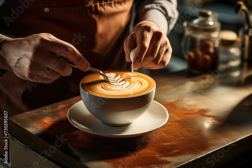 A barista crafting a latte art in a coffee shop, illustrating culinary artistry and hospitality. Concept of coffee culture and culinary creativity. Generative Ai.